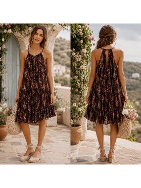 Drew Anthropologie Tiered Halter‎ Dress Floral Romantic Boho Coastal Size S